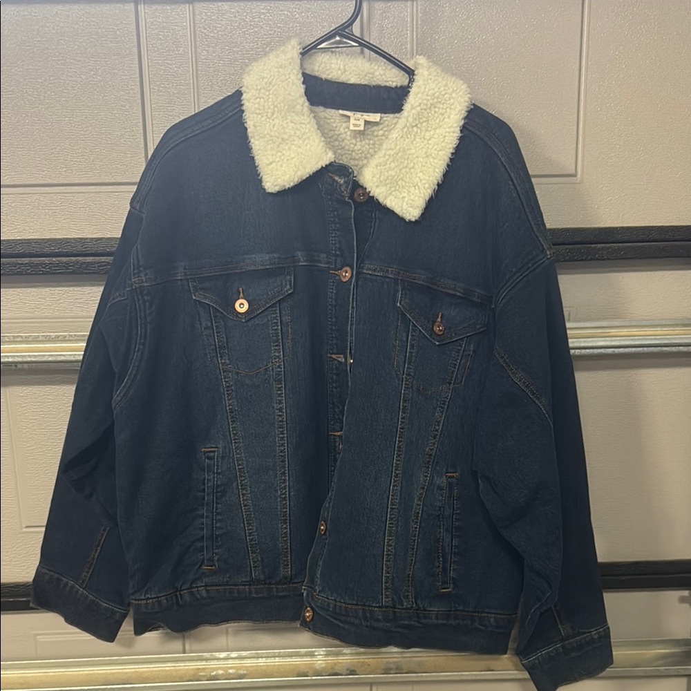 Blue and White Jean Jacket with Sherpa Collar
